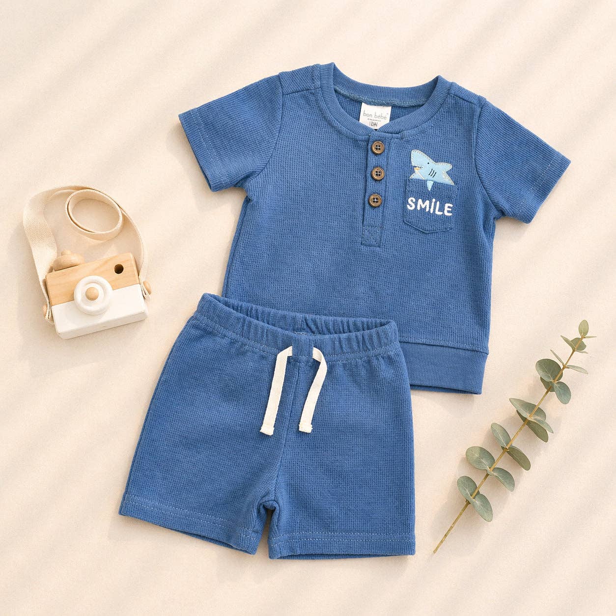 Blue 2pc Waffle Knit Top & Shorts Sets