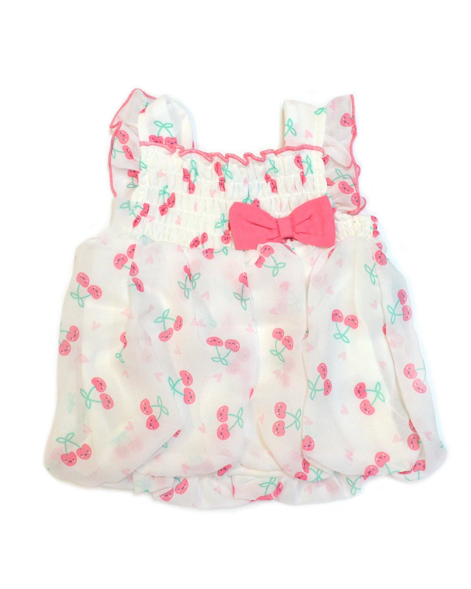 Baby romper with cherry pattern and pink bow on a white background