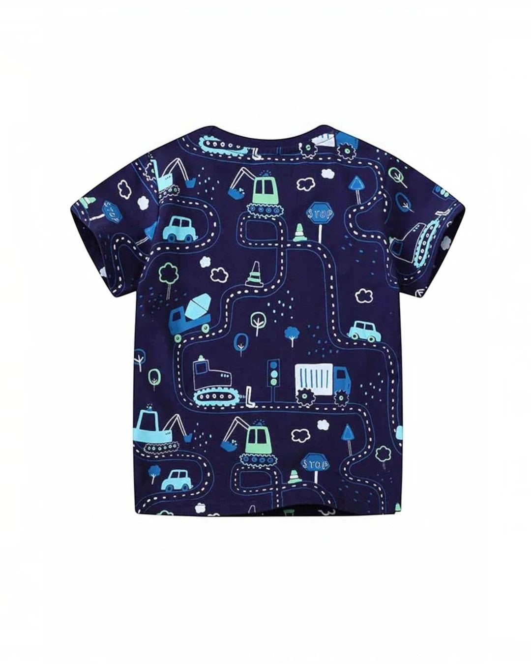 Children's t-shirt with construction vehicle pattern on a white background