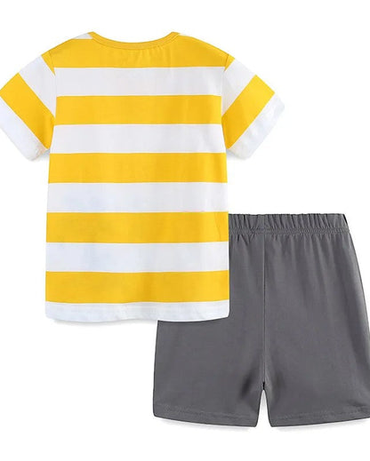 Yellow and white striped shirt with gray shorts on a white background