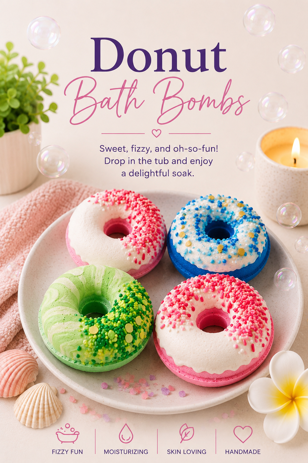 Donut bath bombs on a plate with a candle and flowers, labeled 'Donut Bath Bombs'.