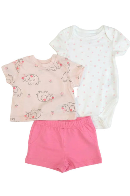 Children's clothing set with two shirts and pink shorts on a white background