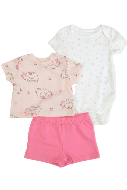 Children's clothing set with two shirts and pink shorts on a white background