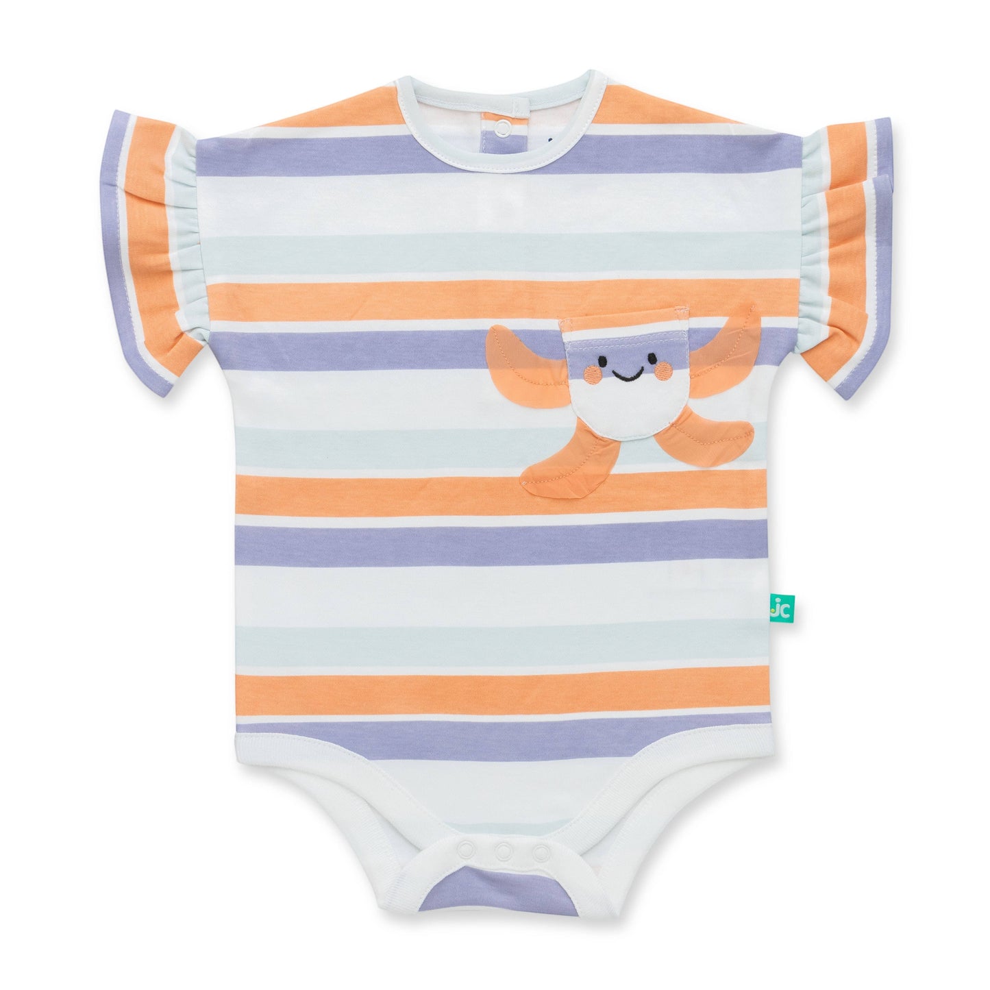 Striped baby onesie with a cartoon character on a white background