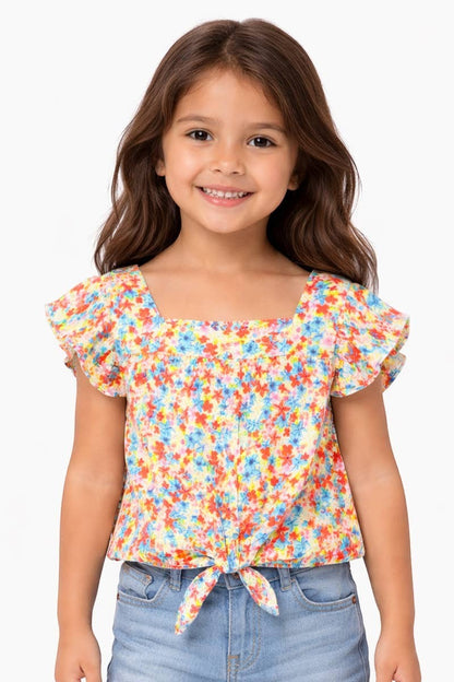Girl's Fashion Top with Ruffle Sleeve & Tie-Front - Multi Floral