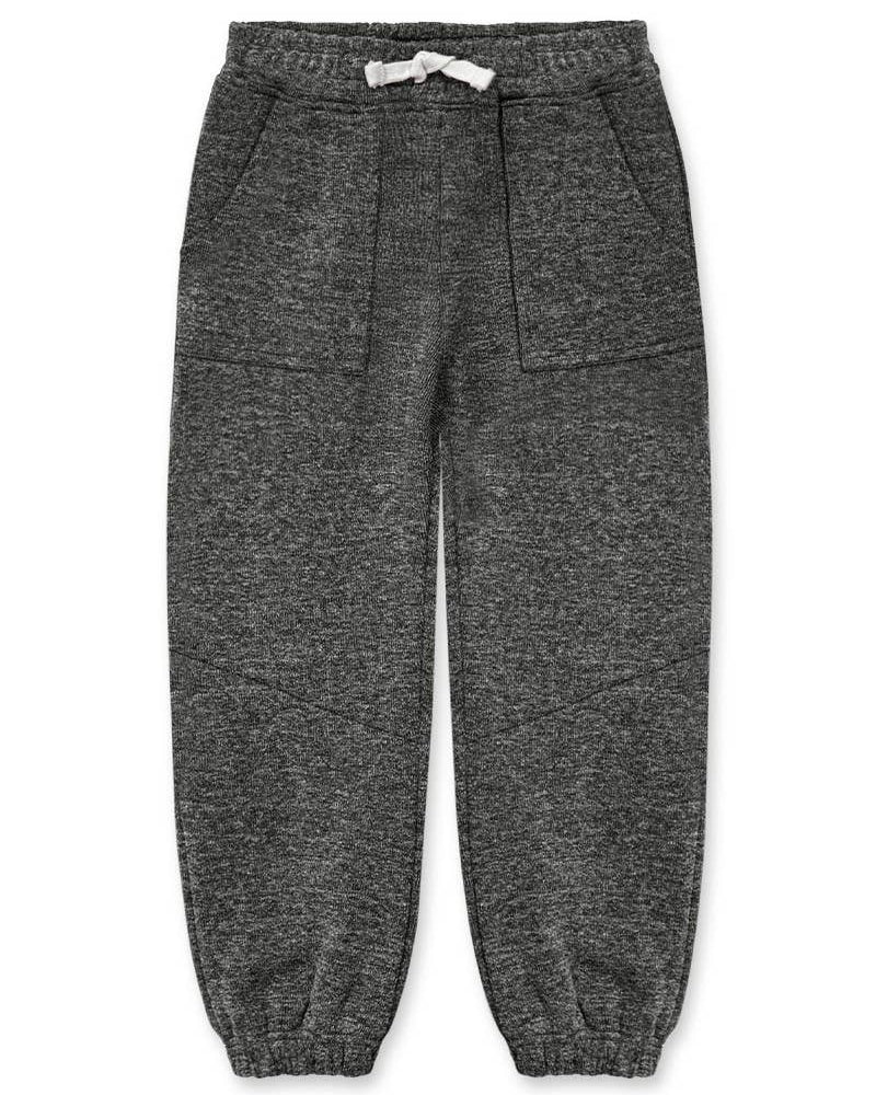 Dark gray heathered jogger pants with an elastic waistband, white drawstring, and side pockets, shown flat on a white background.