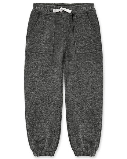 Dark gray heathered jogger pants with an elastic waistband, white drawstring, and side pockets, shown flat on a white background.