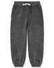 Dark gray heathered jogger pants with an elastic waistband, white drawstring, and side pockets, shown flat on a white background.