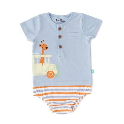Baby romper with a giraffe design on a white background