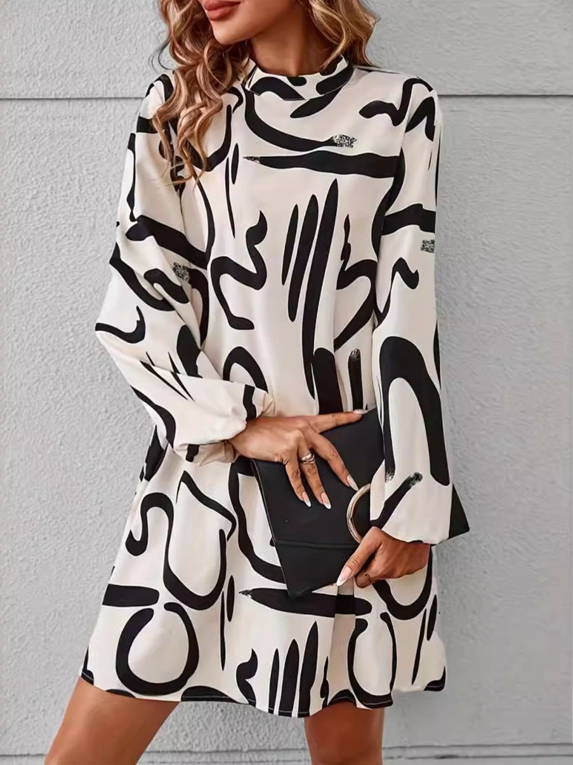 Printed Mock Neck Long Sleeve Mini Dress