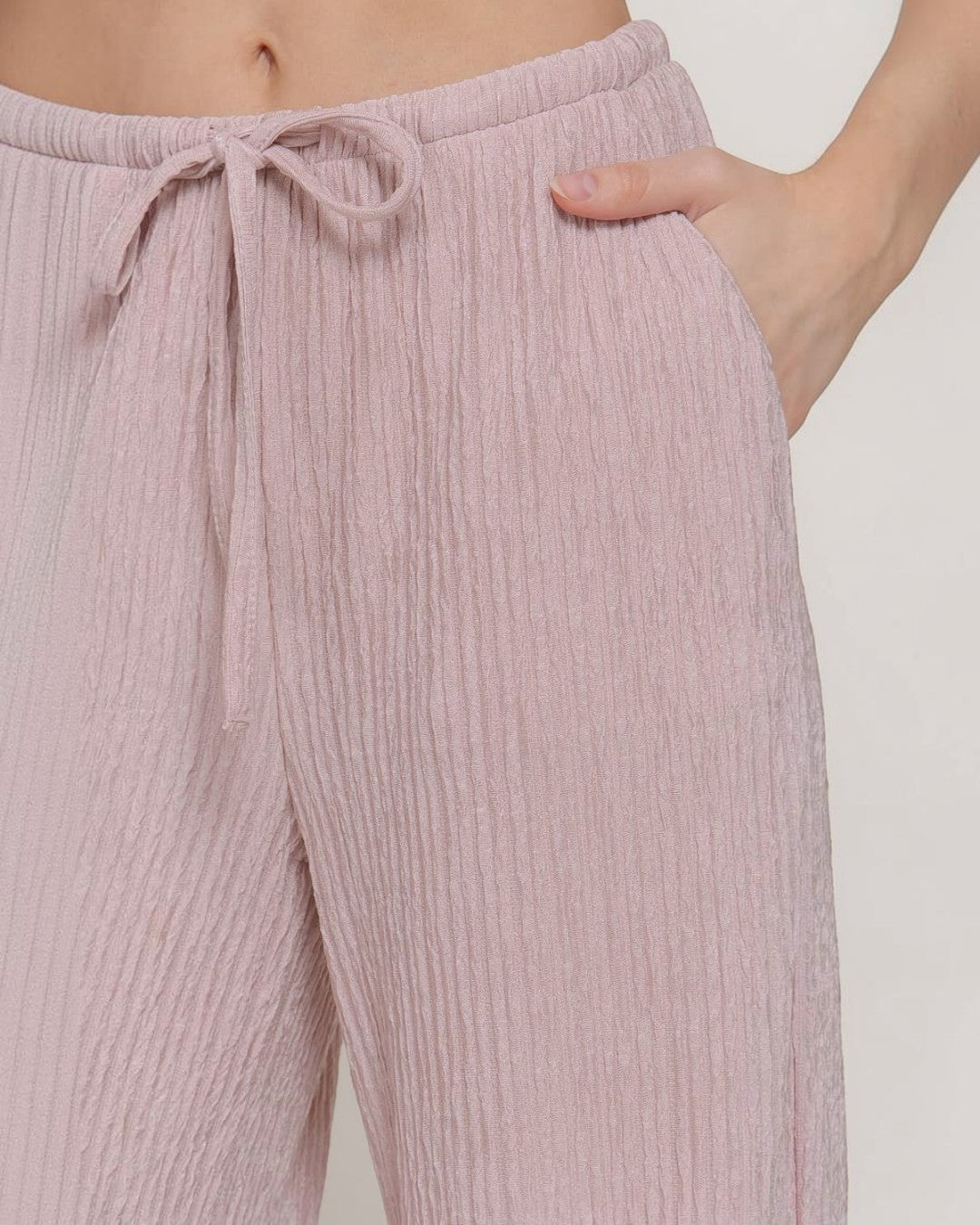 Pink Crinkle Knit Long Pants