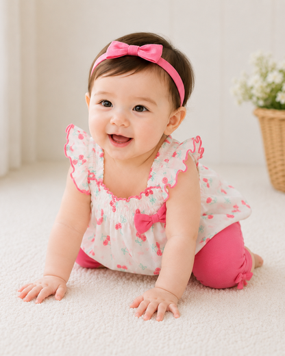 Baby in a pink outfit with a bow sitting on a light surface.