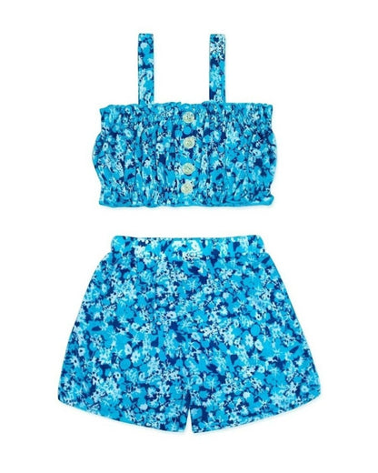 Blue floral two-piece set on a white background