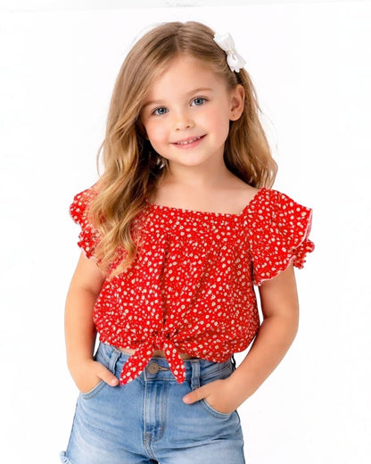 Girl's Fashion Top w/ Ruffle Sleeve & Tie-Front - Red