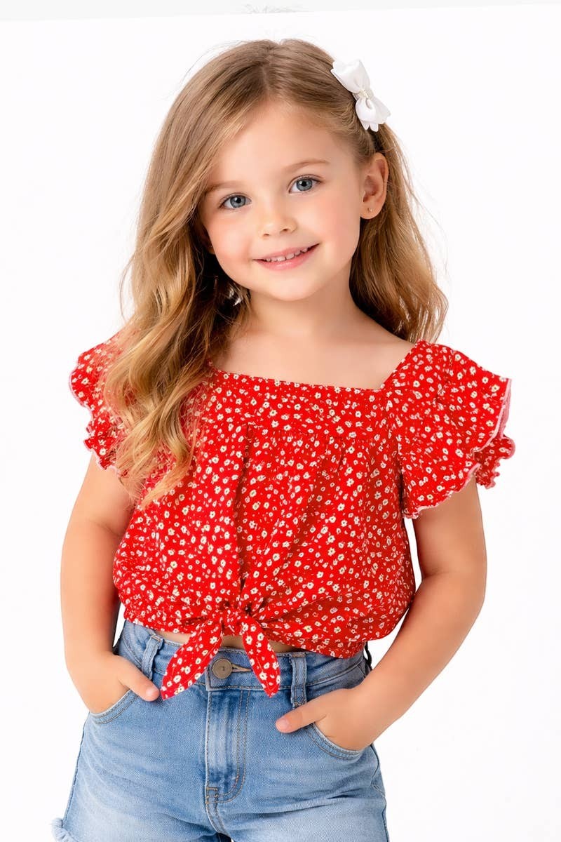 Girl's Fashion Top w/ Ruffle Sleeve & Tie-Front - Red