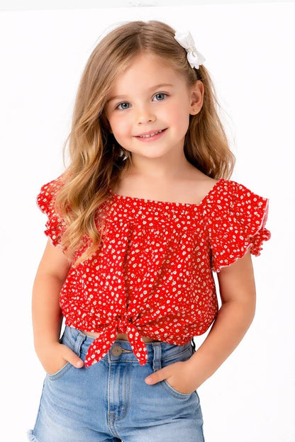 Girl's Fashion Top w/ Ruffle Sleeve & Tie-Front - Red