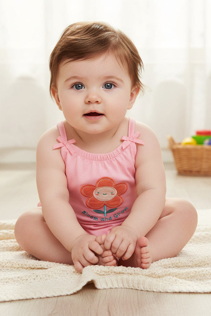 Pink baby romper with a flower design on a white background