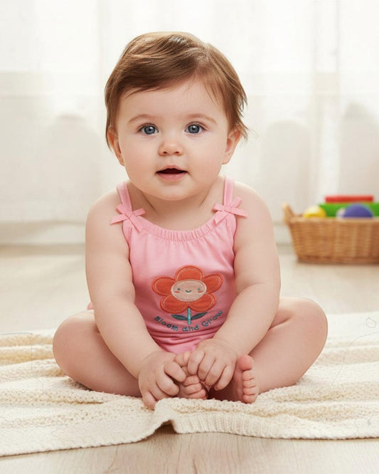 Pink baby romper with a flower design on a white background