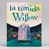 Book cover of 'la tímida Willow' with a mailbox and colorful text against a night sky.