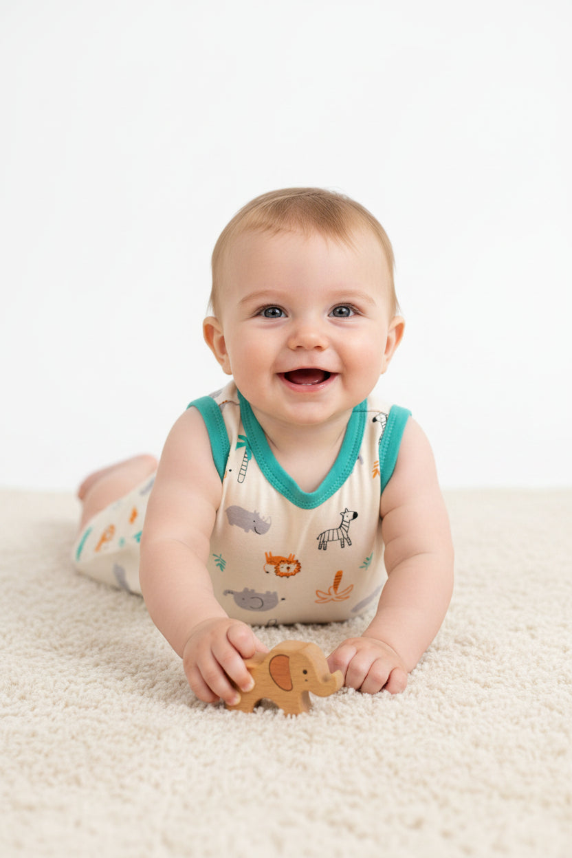 Baby romper with animal pattern on a white background