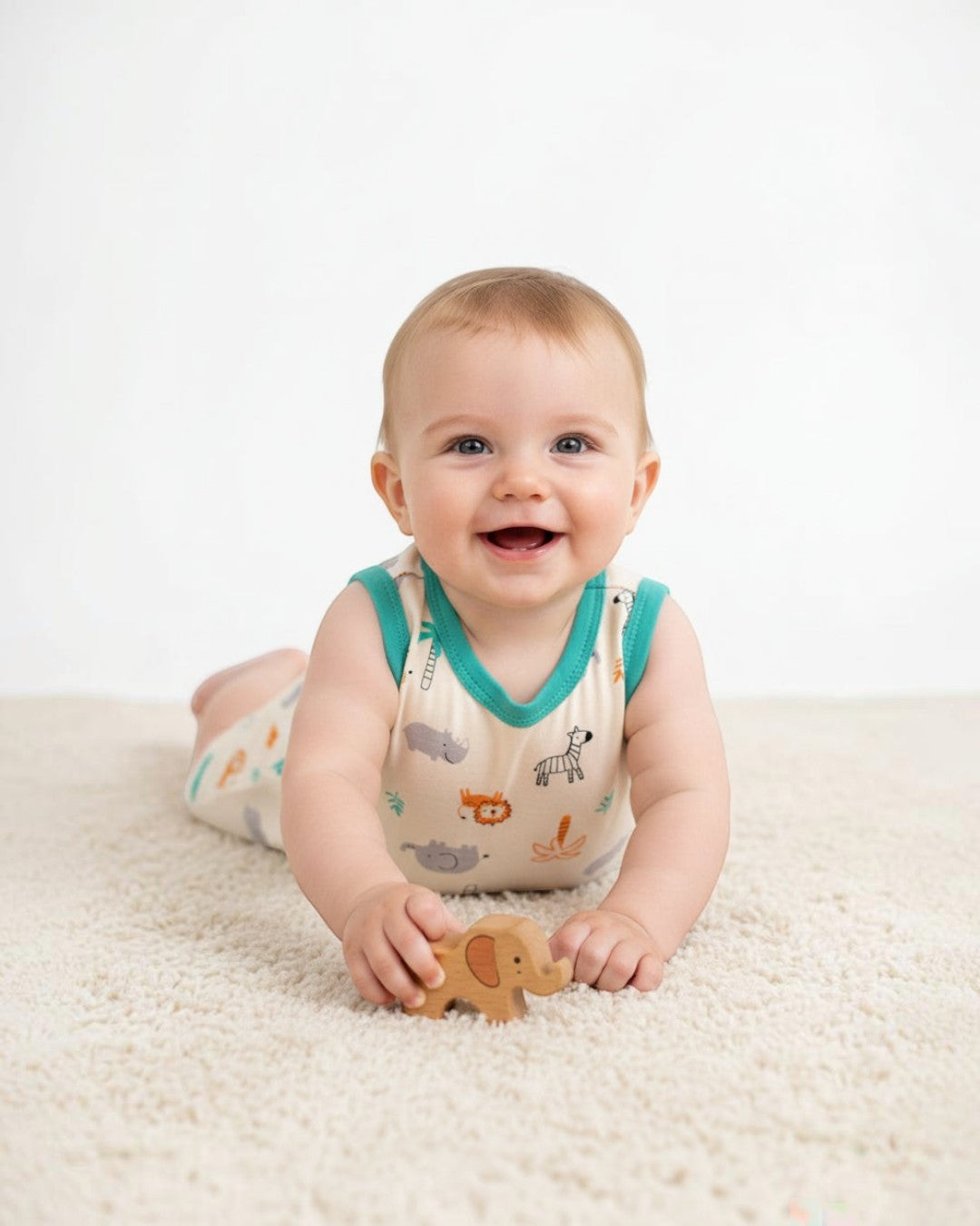Baby romper with animal pattern on a white background