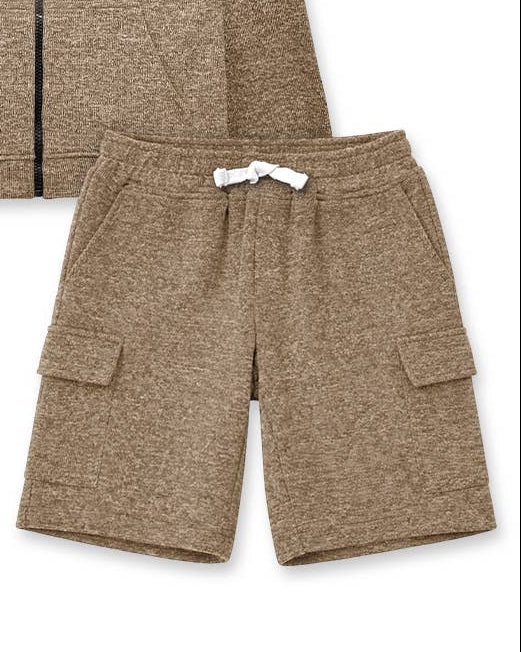 A two-piece kids' loungewear set in dark heather gray, featuring a zip-up hooded sweatshirt with a gray fleece lining and matching cargo shorts with a white drawstring.