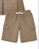 A two-piece kids' loungewear set in dark heather gray, featuring a zip-up hooded sweatshirt with a gray fleece lining and matching cargo shorts with a white drawstring.