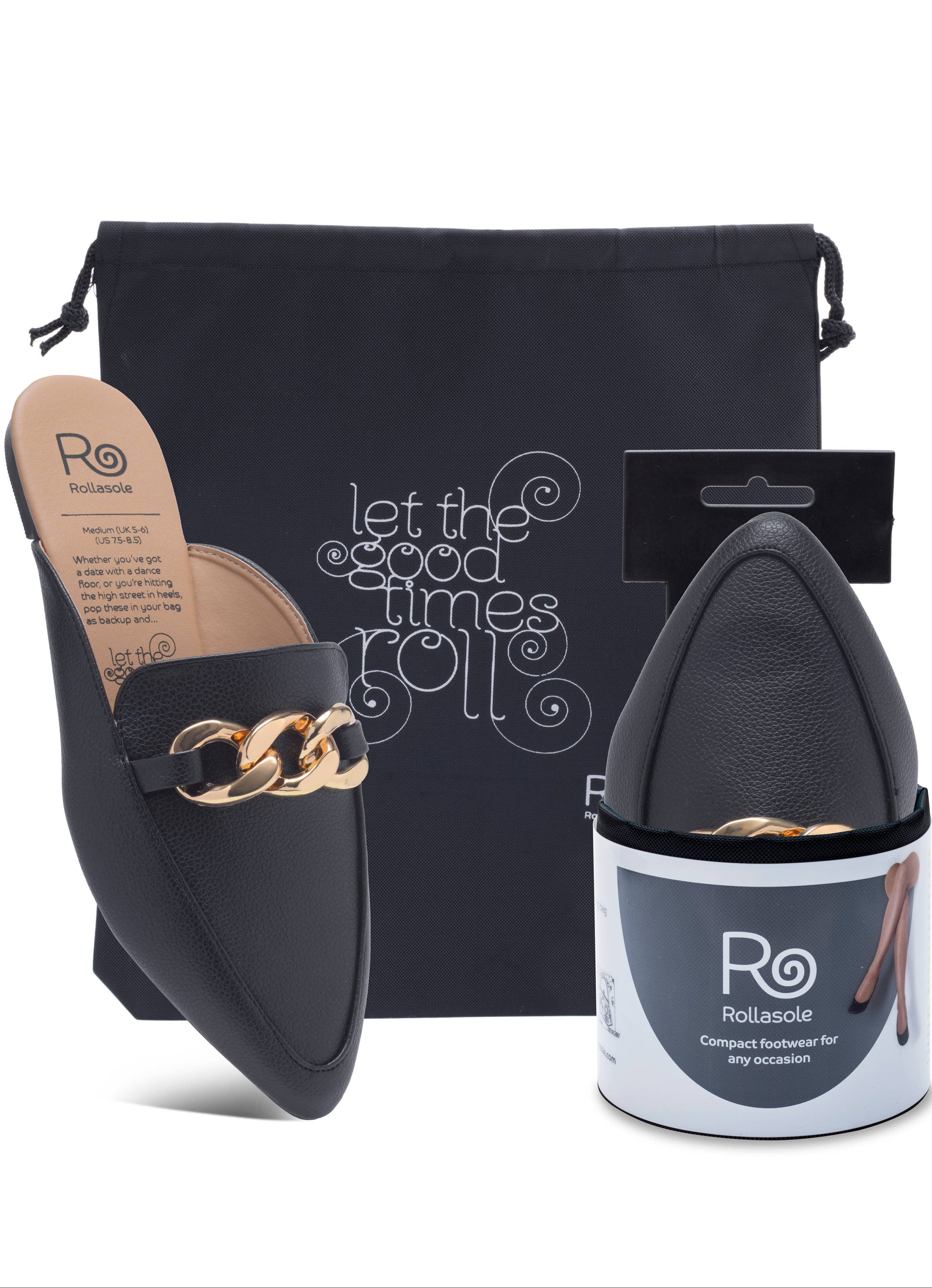Black slip-on shoes with gold chain detail, black pouch, and white container with 'Ro' branding on a white background.
