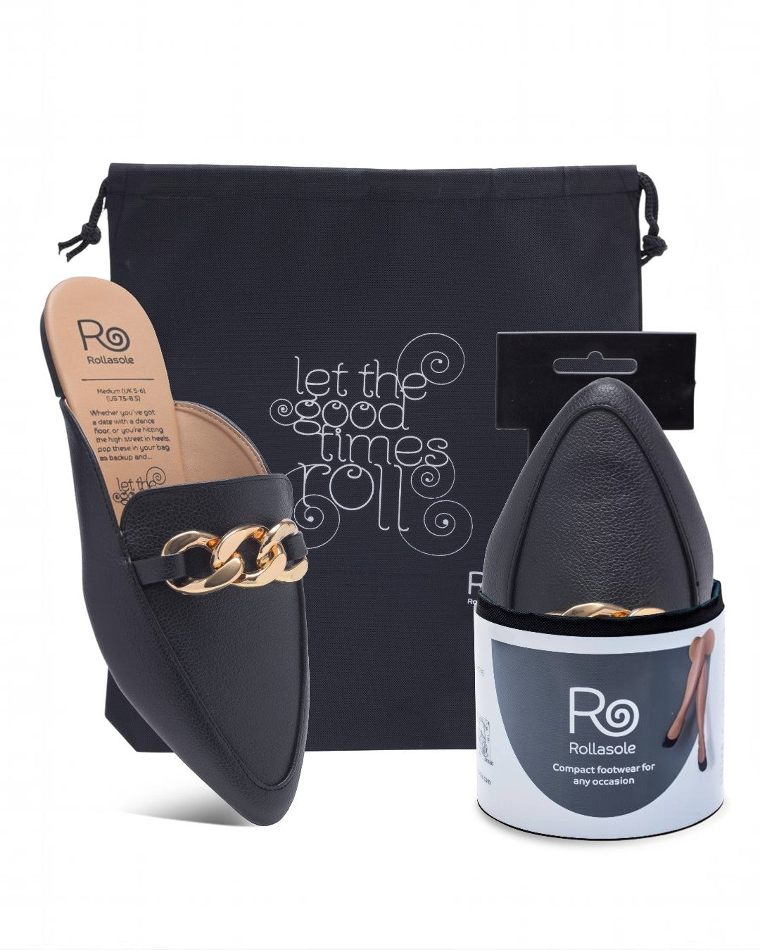 Black slip-on shoes with gold chain detail, black pouch, and white container with 'Ro' branding on a white background.