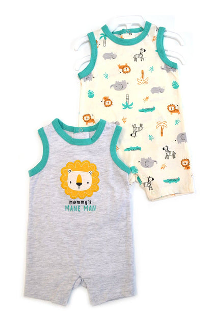 Two baby rompers on a white background, one gray with a lion design and the other cream with animal prints.
