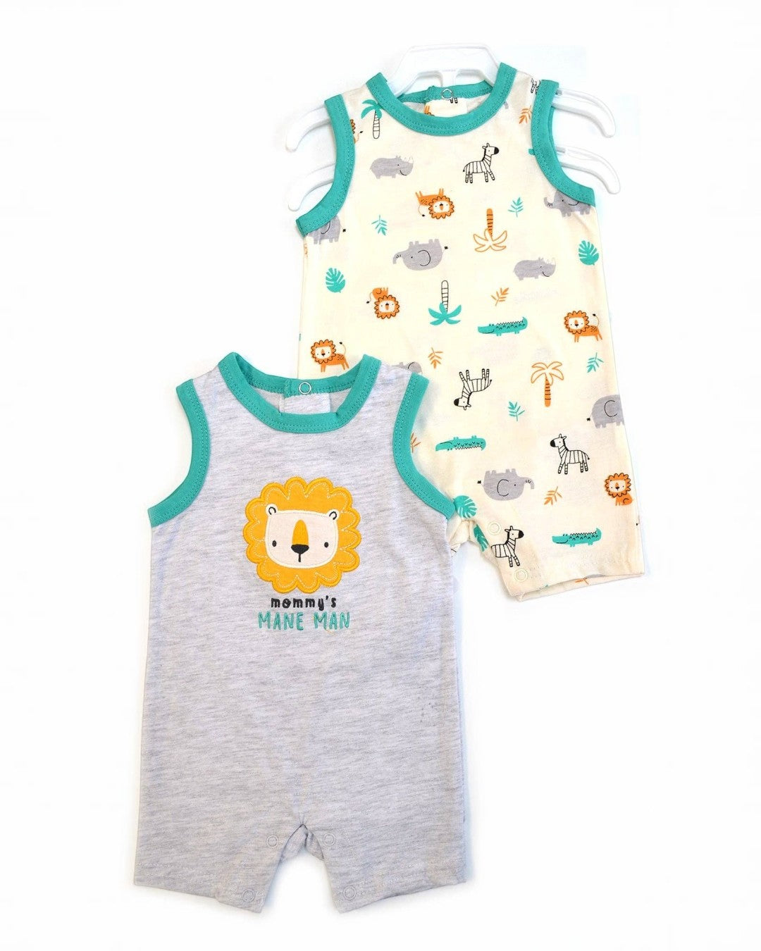 Two baby rompers on a white background, one gray with a lion design and the other cream with animal prints.