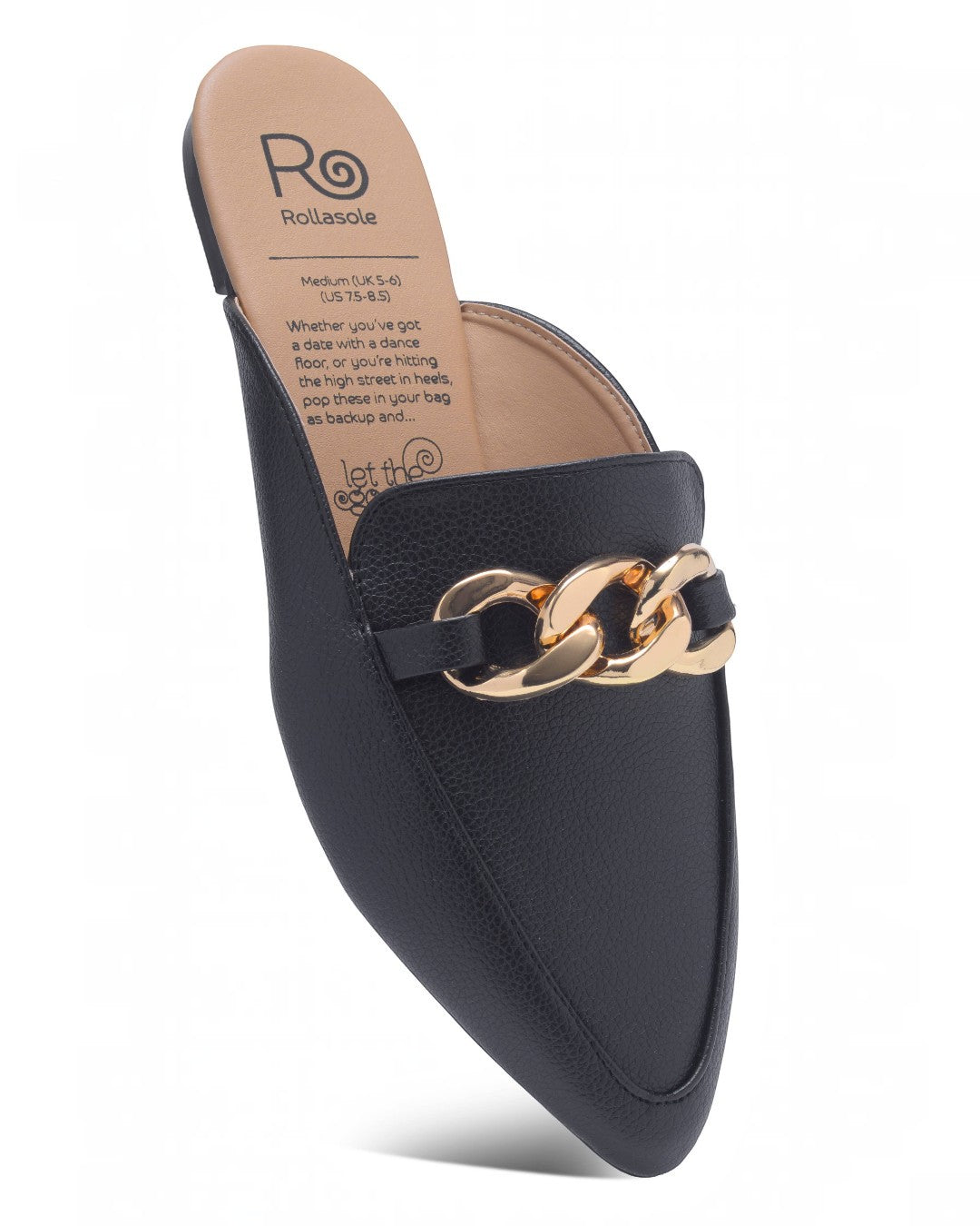 Black pointed-toe slip-on shoe with gold chain detail on a white background