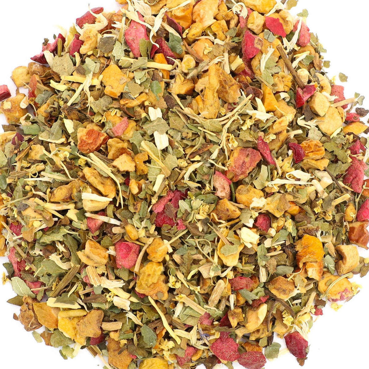 A circular pile of loose-leaf herbal tea blend on a solid white background, featuring dried green leaves, yellow-orange citrus pieces, and pink dried fruit.