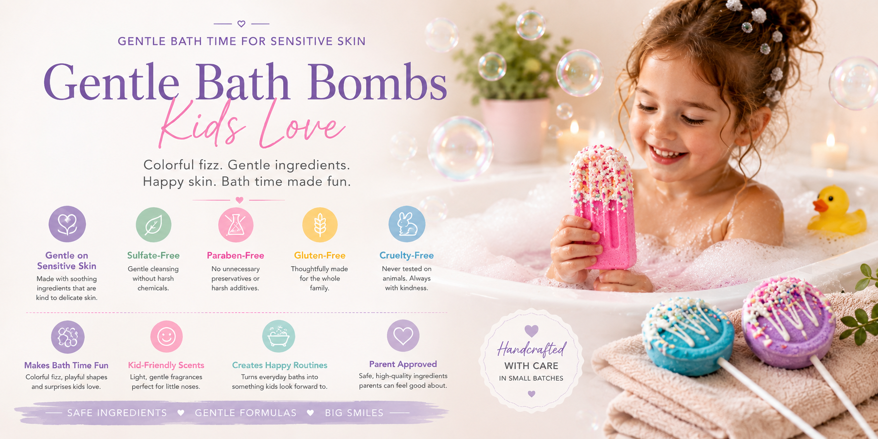 Child playing with bath bombs in a bathtub, with product features listed below.