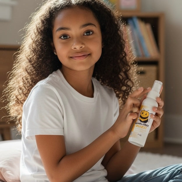 Young girl holding a spray bottle with a smiley face design indoors.