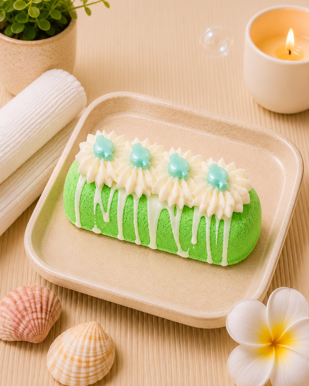 A green rectangular bath stone or soap with white piped floral detailing and light blue accents, displayed on a beige tray with spa-themed props including shells, a candle, bubbles, and a small plant.
