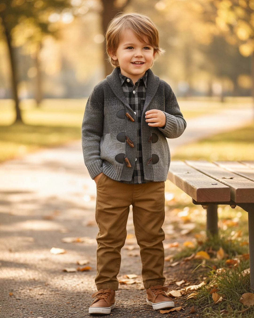 Young boy wearing Calla Lily Cosmetics + CL kids khaki drawstring pants with a grey ombre cardigan in a park.