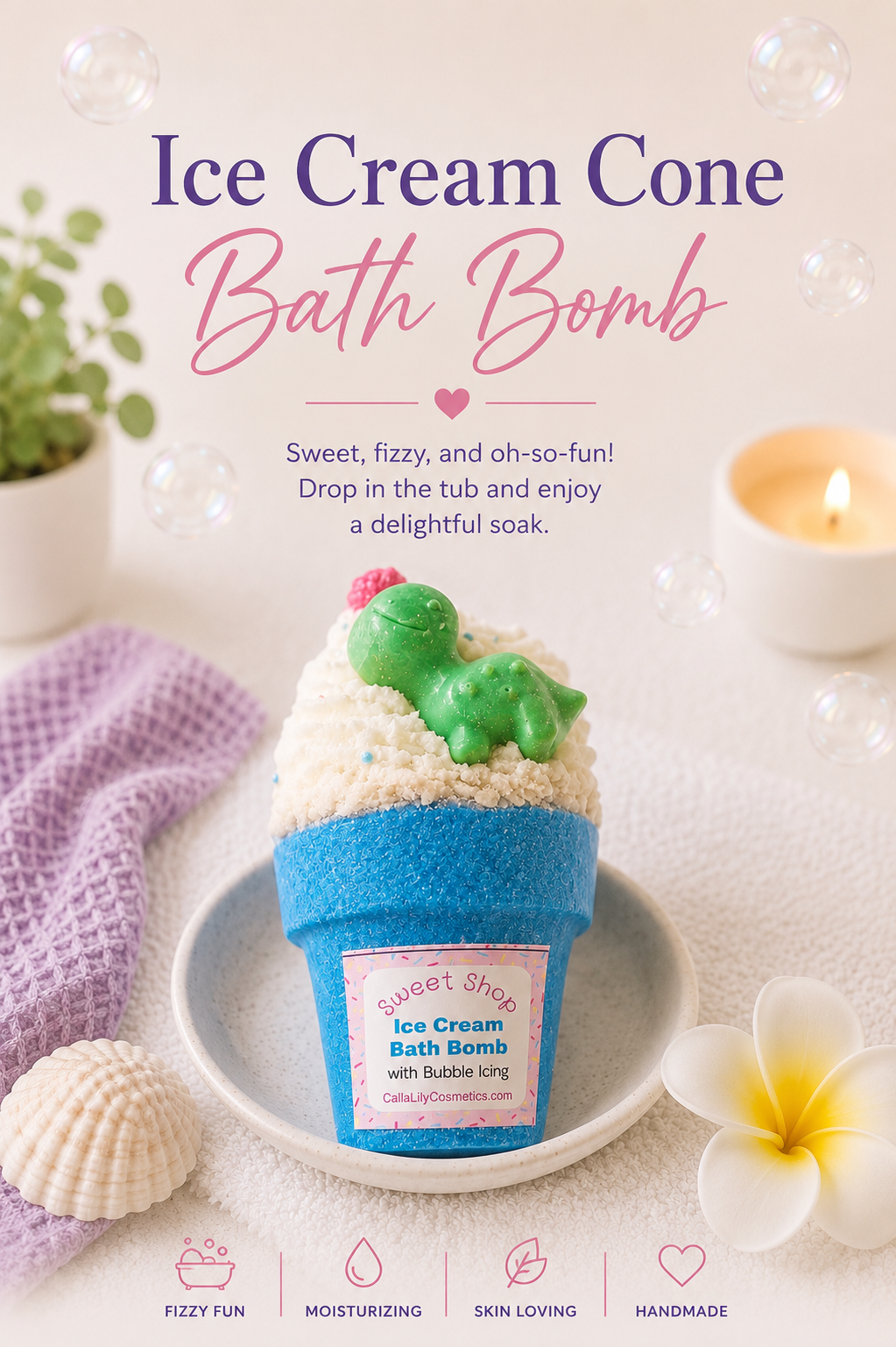 Ice cream cone bath bomb with a cactus decoration on a white plate, surrounded by flowers and a shell.