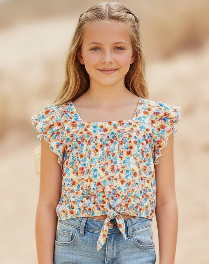 Young girl wearing a floral top and jeans against a beige background