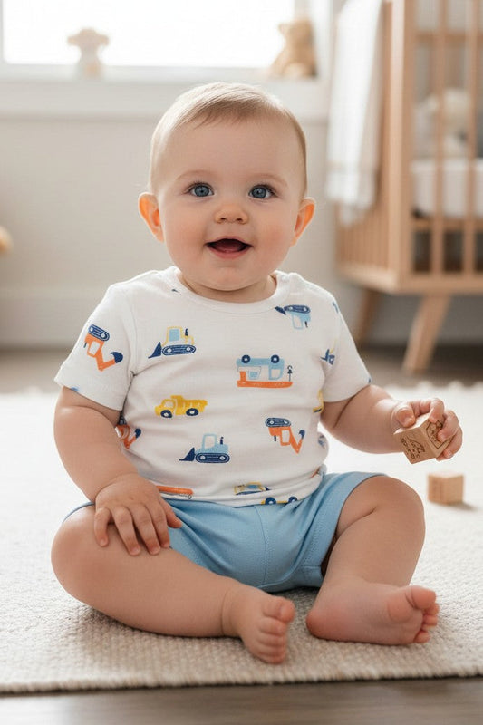 Baby sitting on a rug in a nursery with toys and a crib in the background