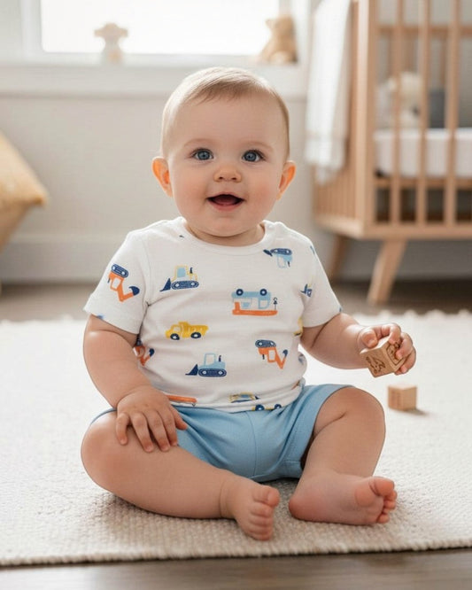 Baby sitting on a rug in a nursery with toys and a crib in the background
