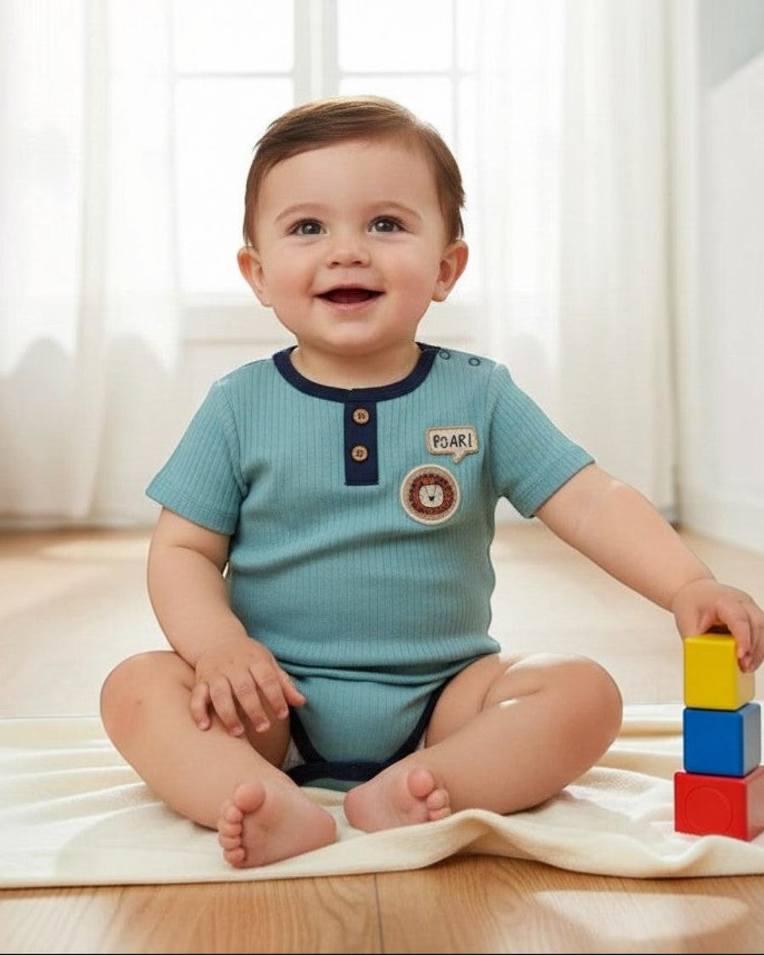 Baby sitting on a blanket with colorful blocks in a room with a bookshelf and chair.