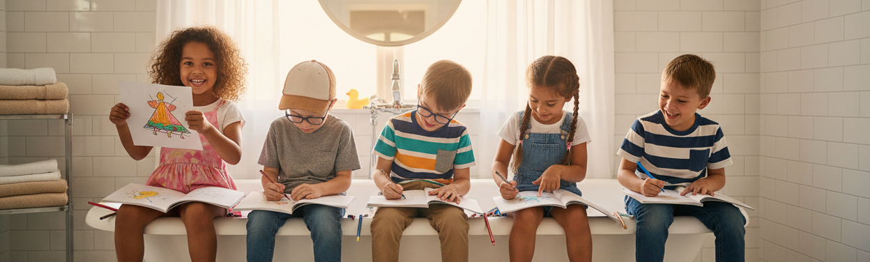 Kids coloring on the side of the tub as a narrow banner