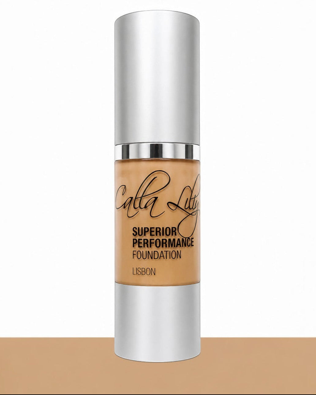 Calia Lily Superior Performance Foundation bottle on a beige background