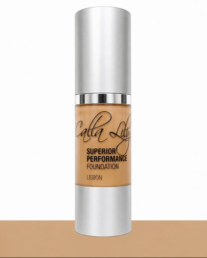 Calia Lily Superior Performance Foundation bottle on a beige background