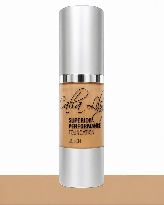 Calia Lily Superior Performance Foundation bottle on a beige background