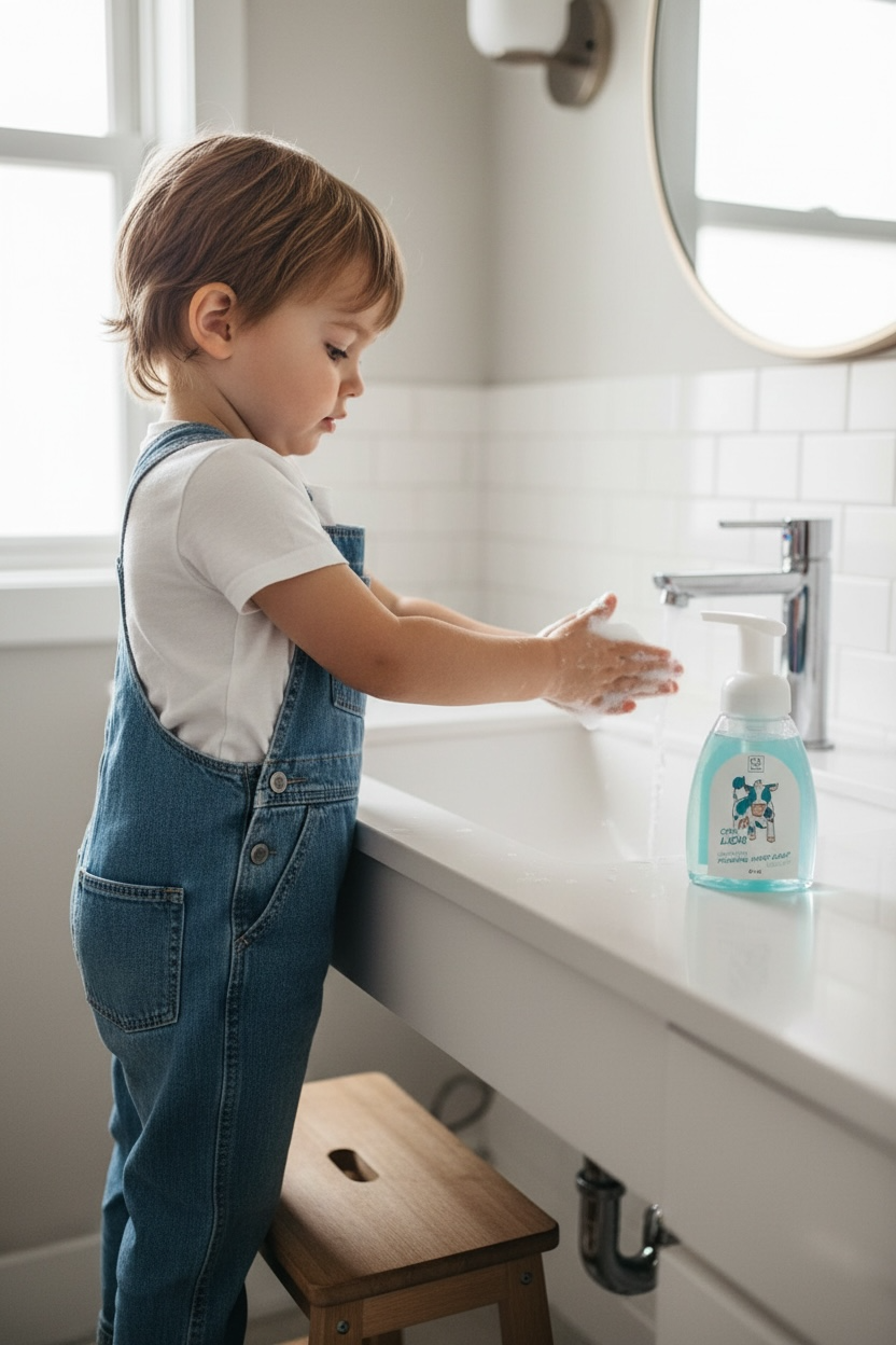 Child washing hands with soap at a sink in a bathroom