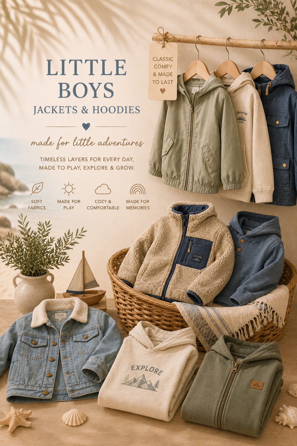 Children's jackets and hoodies displayed on a wooden surface with a basket, plants, and toys.
