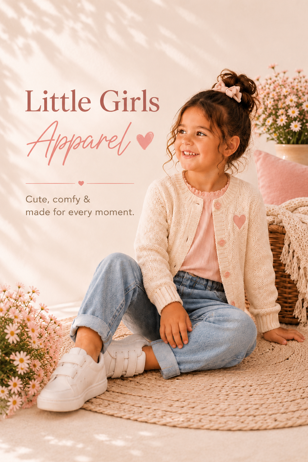Young girl sitting on a rug with flowers and text about 'Little Girls Apparel'.