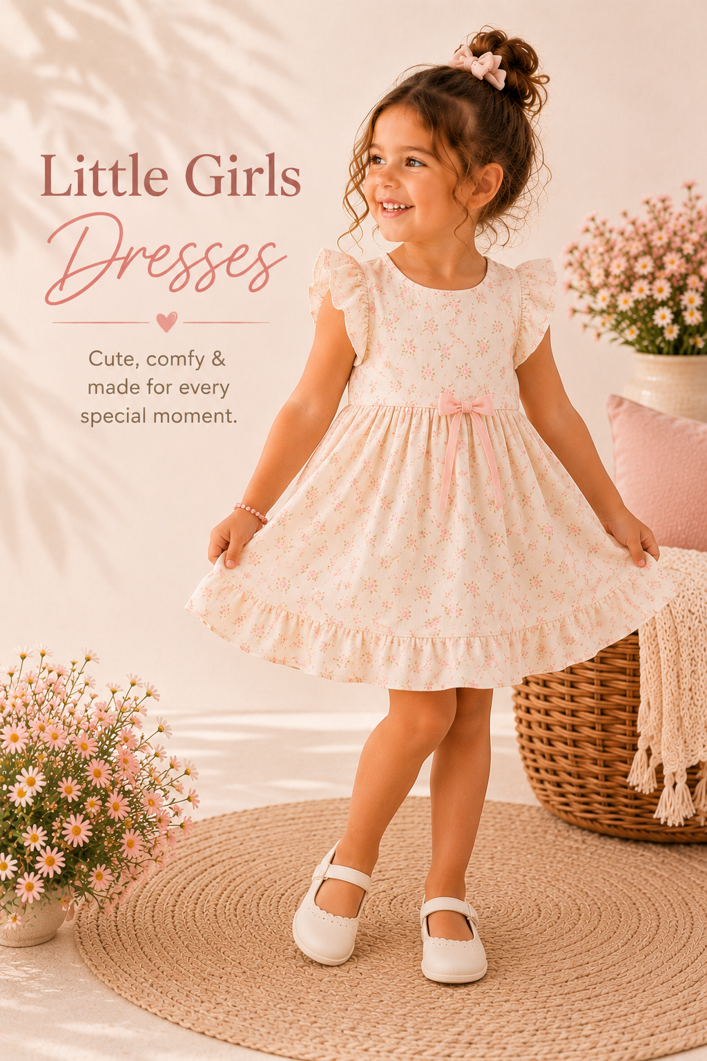 Young girl in a white dress standing in a cozy room with flowers and a basket.
